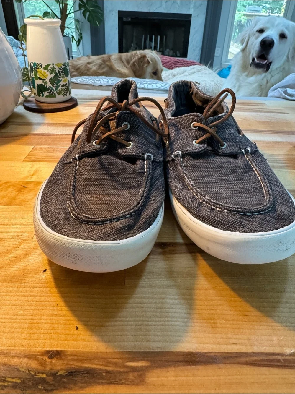 Sperry Gray Canvas Boat Shoes with Brown Laces